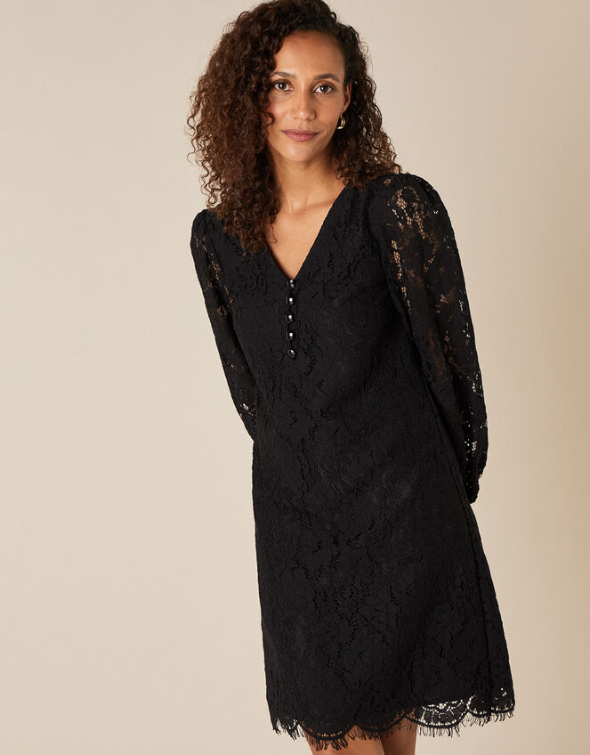 Lace Knee-Length Dress, Black (BLACK), large