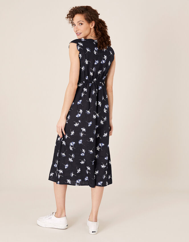 Floral Midi Dress in Pure Linen, Blue (NAVY), large