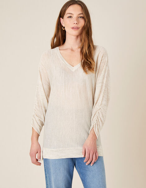 Gathered Sleeve Jumper in Linen Blend Natural, Natural (NATURAL), large