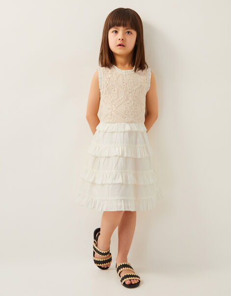 Crochet Yoke Ruffle Dress, Ivory (IVORY), large