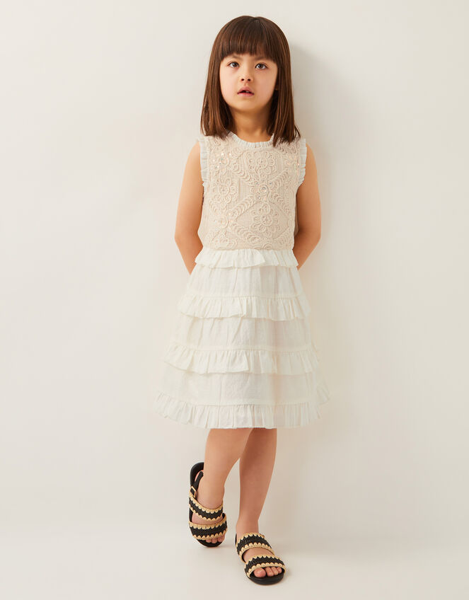 Crochet Yoke Ruffle Dress, Ivory (IVORY), large