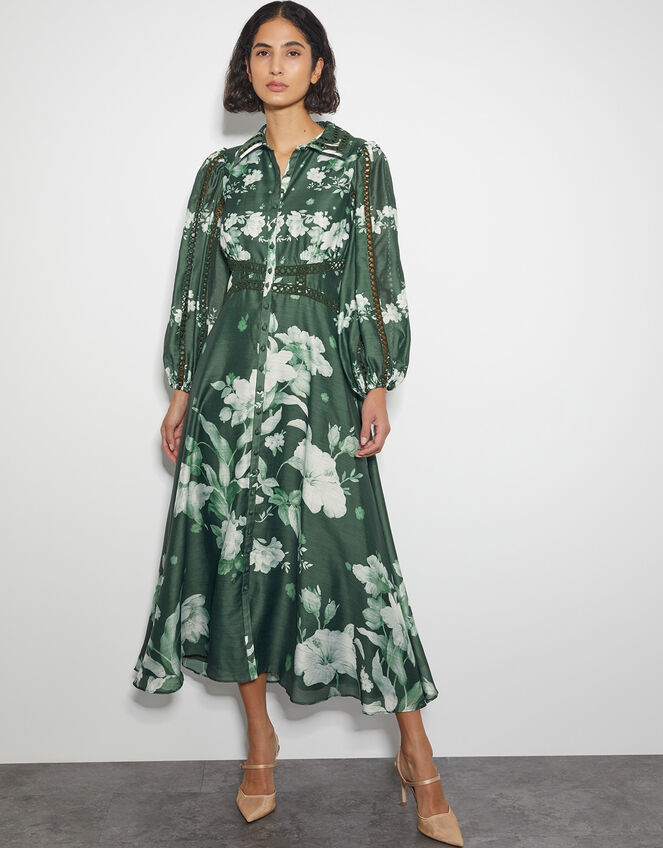 Amari Floral Midi Shirt Dress, Green (DARK GREEN), large