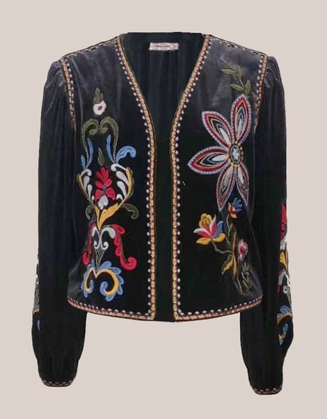 Traffic People Folklore Embroidered Velvet Jacket, Black (BLACK), large