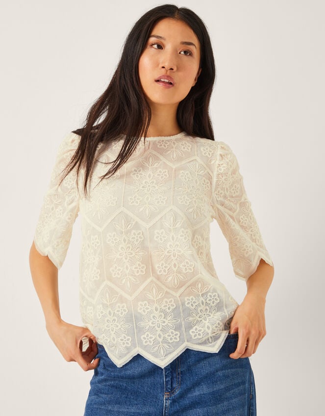 Clara Sheer Embroidered Top, Ivory (IVORY), large