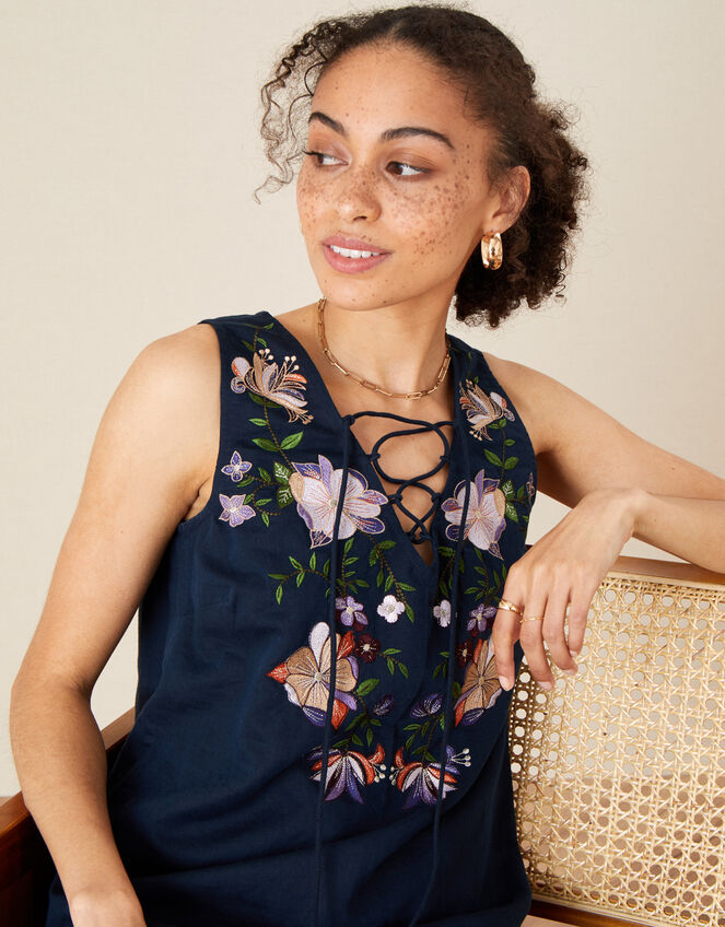 Floral Embroidered Sleeveless Top, Blue (NAVY), large