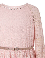 Lace Dress with Glitter Belt, Pink (PALE PINK), large