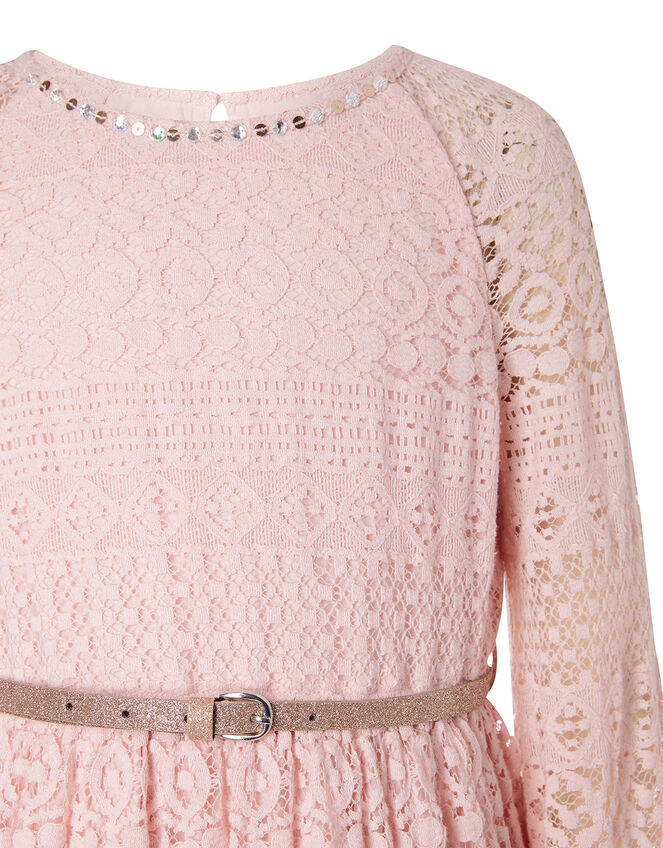 Lace Dress with Glitter Belt, Pink (PALE PINK), large