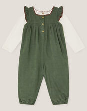 Long Sleeve Top & Floral Corduroy Dungarees Set, Green (GREEN), large