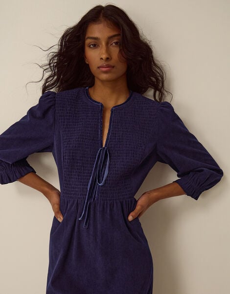 Sara Smocked Corduroy Midi Dress, Blue (MIDNIGHT), large