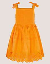 Broderie Pleated Cotton Dress, Orange (ORANGE), large