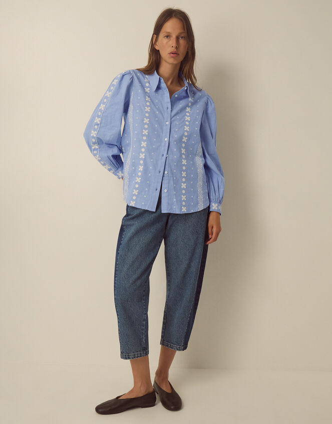 Felicity Long Sleeve Embroidered Cotton Shirt, Blue (BLUE), large