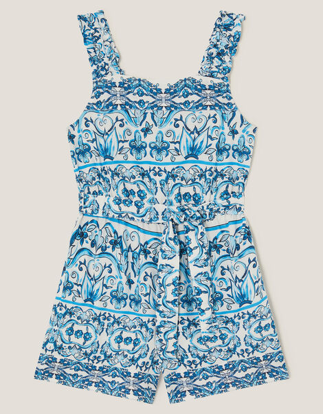 Ornate Floral Print Playsuit, Blue (BLUE), large