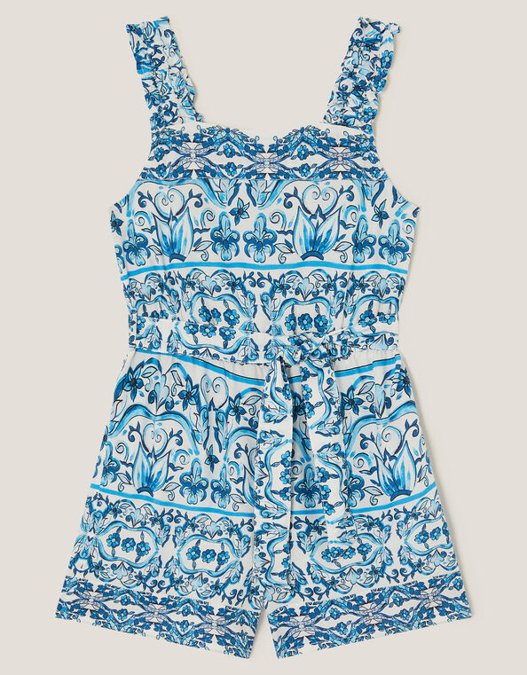 Ornate Floral Print Playsuit, Blue (BLUE), large