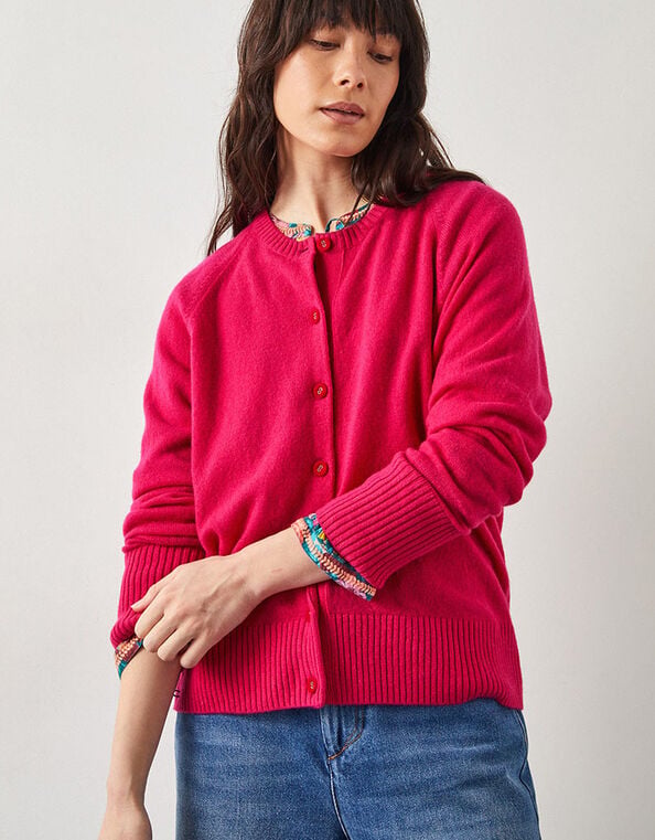 East Ember Cashmere Crew Neck Cardigan, Pink (PINK), large
