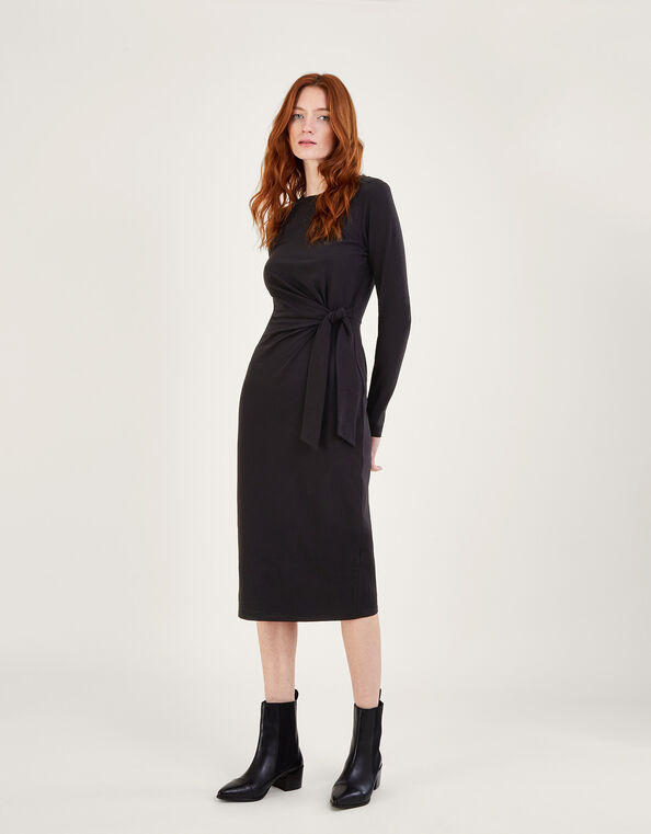 Long Sleeve Side Knot Midi Jersey Dress Black, Black (BLACK), large