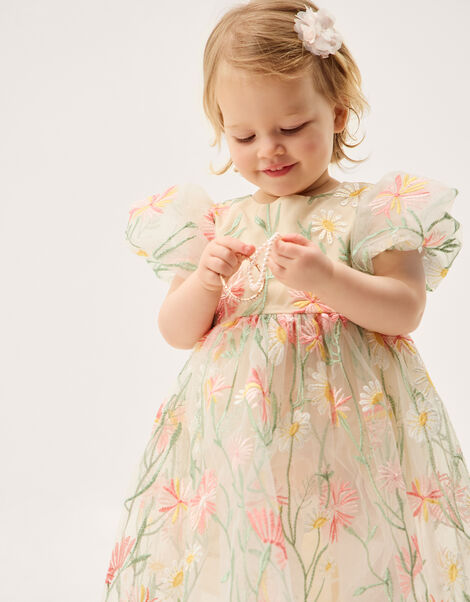 Baby Celina Daisy Embroidered Party Dress, White (WARM IVORY), large