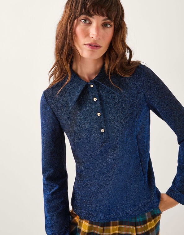 Monsoon x Sarah Corbett-Winder Glitter Jersey Collar Top, Blue (BLUE), large