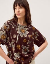 Esther Floral Linen Blend T-Shirt, Brown (CHOCOLATE), large