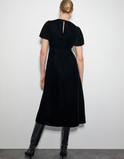 Kendra Embroidered Floral Velvet Midi Dress, Black (BLACK), large