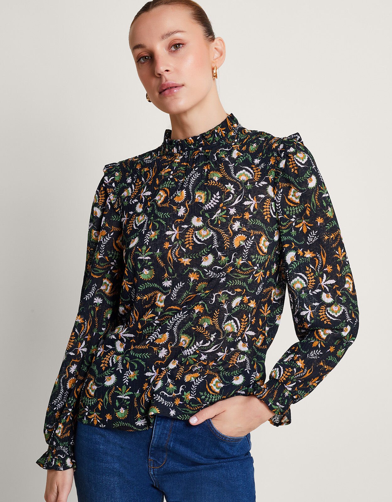 Frill Print Top Black Blouses Shirts Monsoon ROI