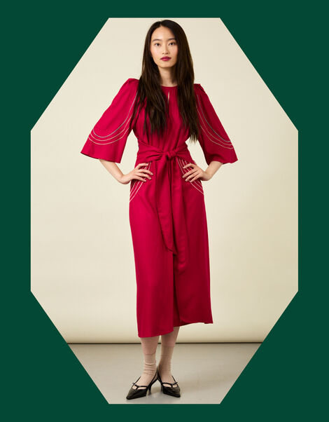 Tallulah and Hope Embroidered Tie Waist Maxi Dress, Red (RED), large