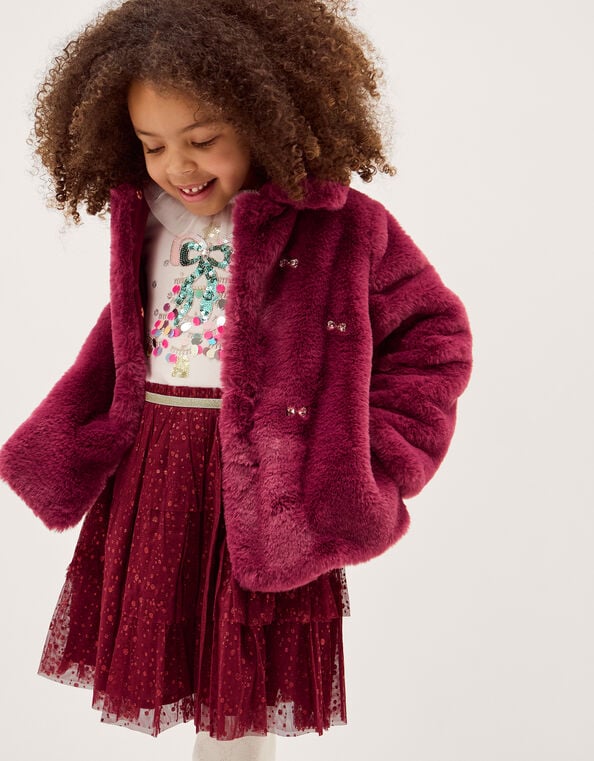 Bow Embellished Faux Fur Coat, Red (BURGUNDY), large