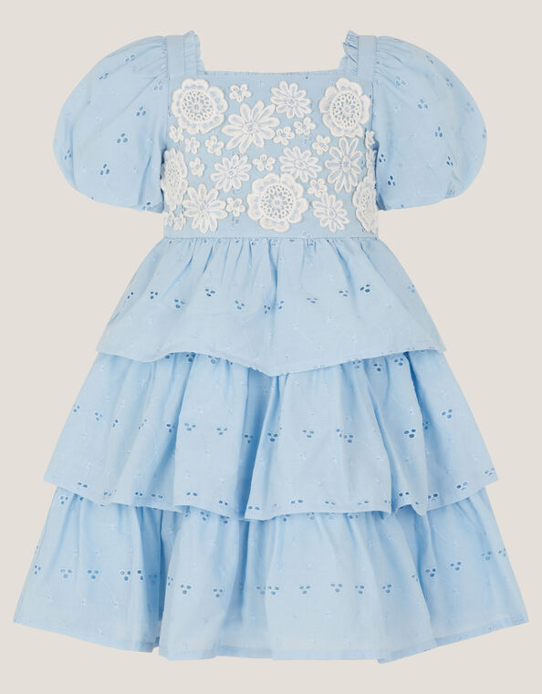 Baby Floral Broderie Puff Sleeve Tiered Dress, Blue (BLUE), large