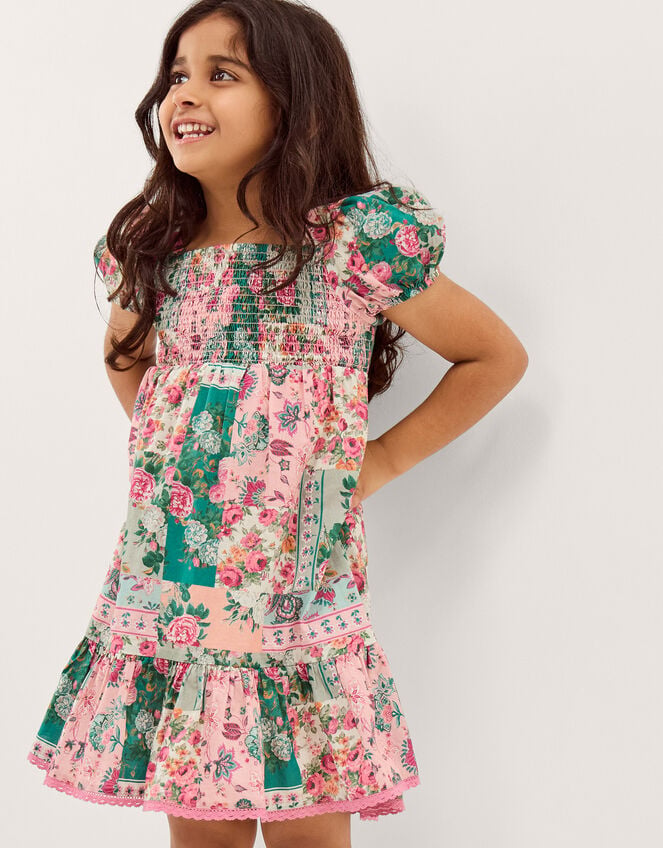 Floral Patchwork Shirred Dress, Green (GREEN), large