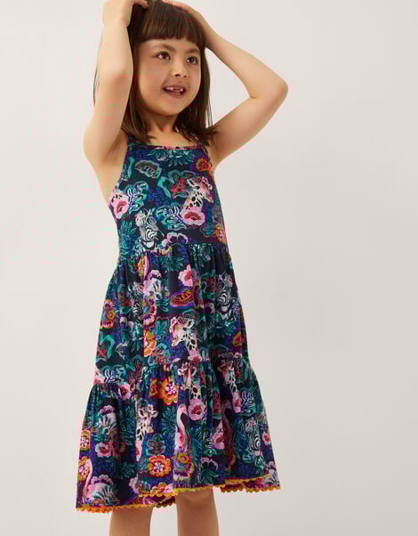 Floral Animal Print Cotton Dress, Blue (NAVY), large
