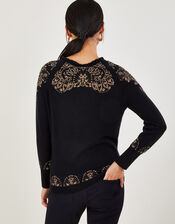 Frill Neck Floral Metallic Jumper, Black (BLACK), large
