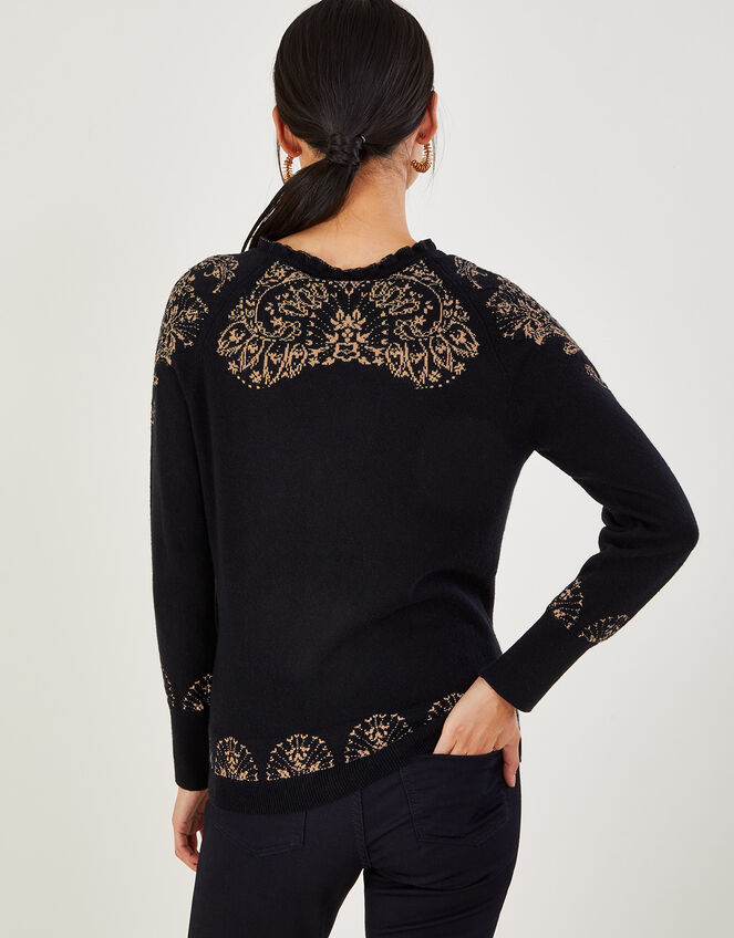 Frill Neck Floral Metallic Jumper, Black (BLACK), large