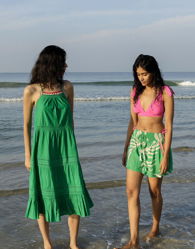 Palm Print Crochet Trim Shorts, Green (GREEN), large
