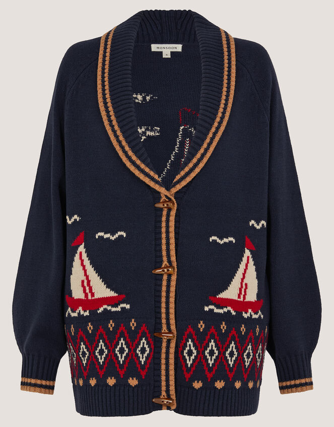 Sapna Intarsia Sailor Cardigan, Blue (NAVY), large
