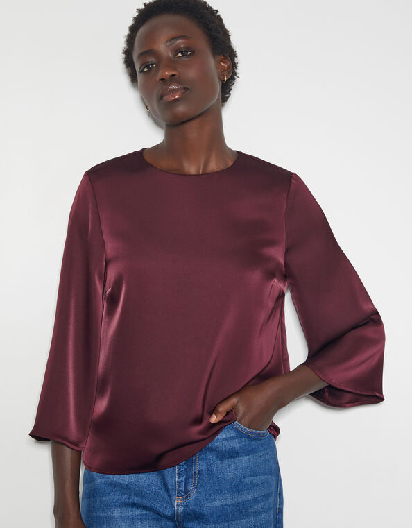 Ingrid Bell Sleeve Satin Top, Red (BURGUNDY), large