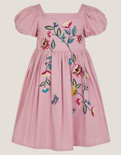 Floral Embroidered Puff Sleeve Dress, Purple (LILAC), large