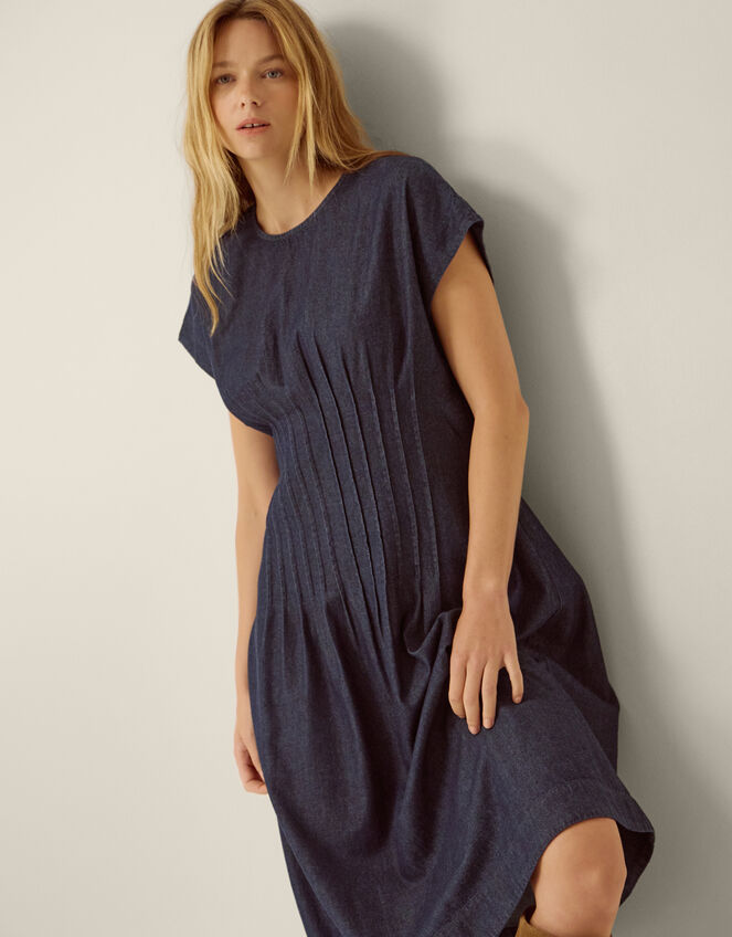 Jasmin Pleated Denim Midi Dress, Blue (DENIM BLUE), large
