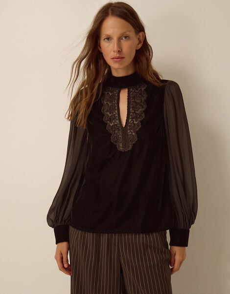 Jo Embroidered Velvet Top, Brown (CHOCOLATE), large