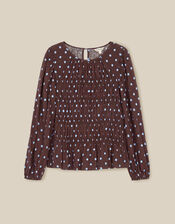 Shae Smocked Polka Dot Jersey Top, Brown (CHOCOLATE), large