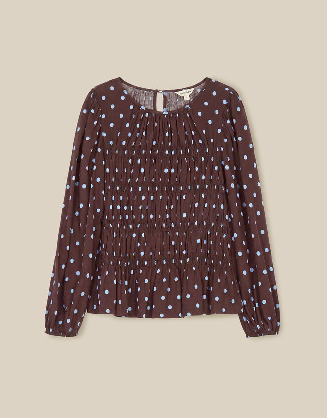 Shae Smocked Polka Dot Jersey Top, Brown (CHOCOLATE), large