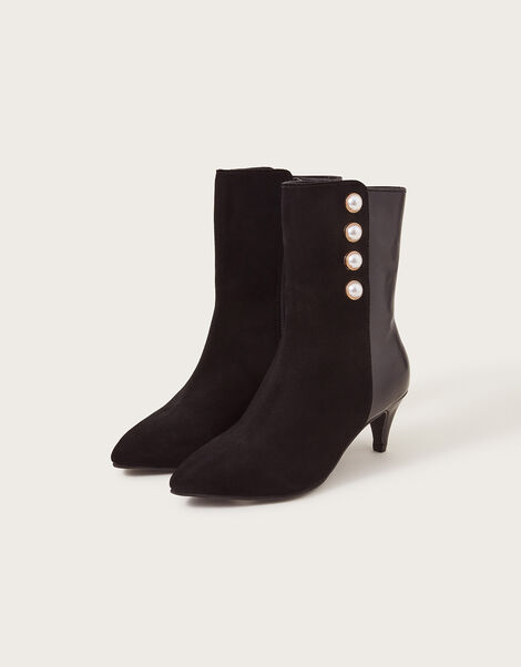 Pearl Button Leather Ankle Boots, Black (BLACK), large