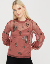 Rosanna Sustainable Embellished Mesh Blouse, Pink (ROSE), large