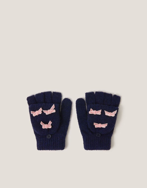 Bow Fingerless Gloves with Mittens, Blue (NAVY), large