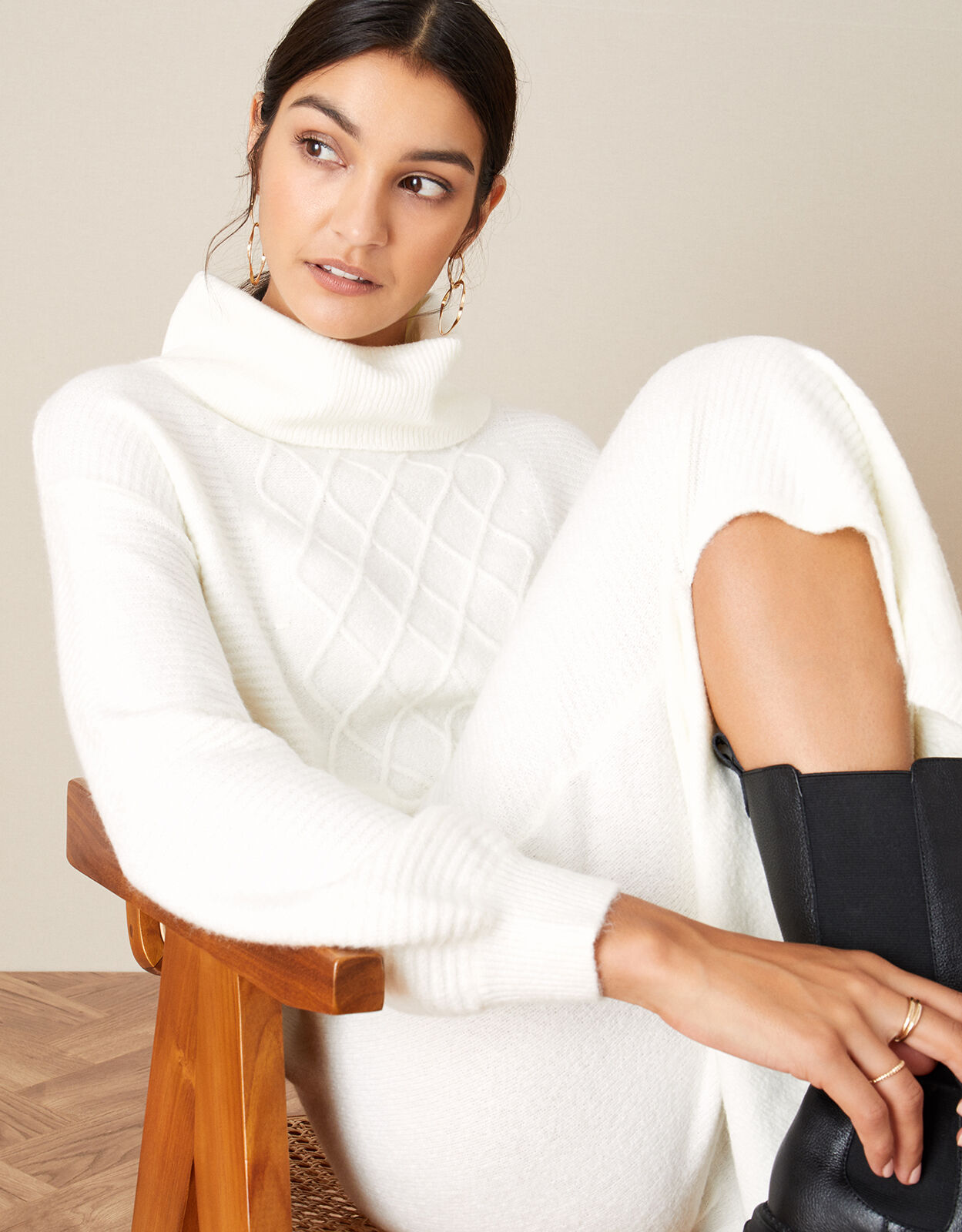 Longline Cable Knit Dress Cream
