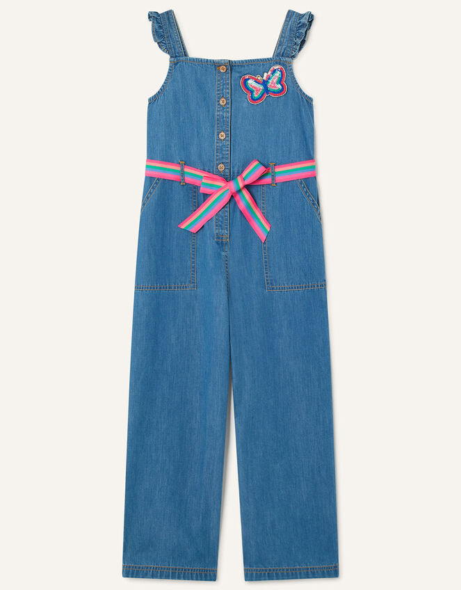 Denim Belted Jumpsuit, Blue (BLUE), large