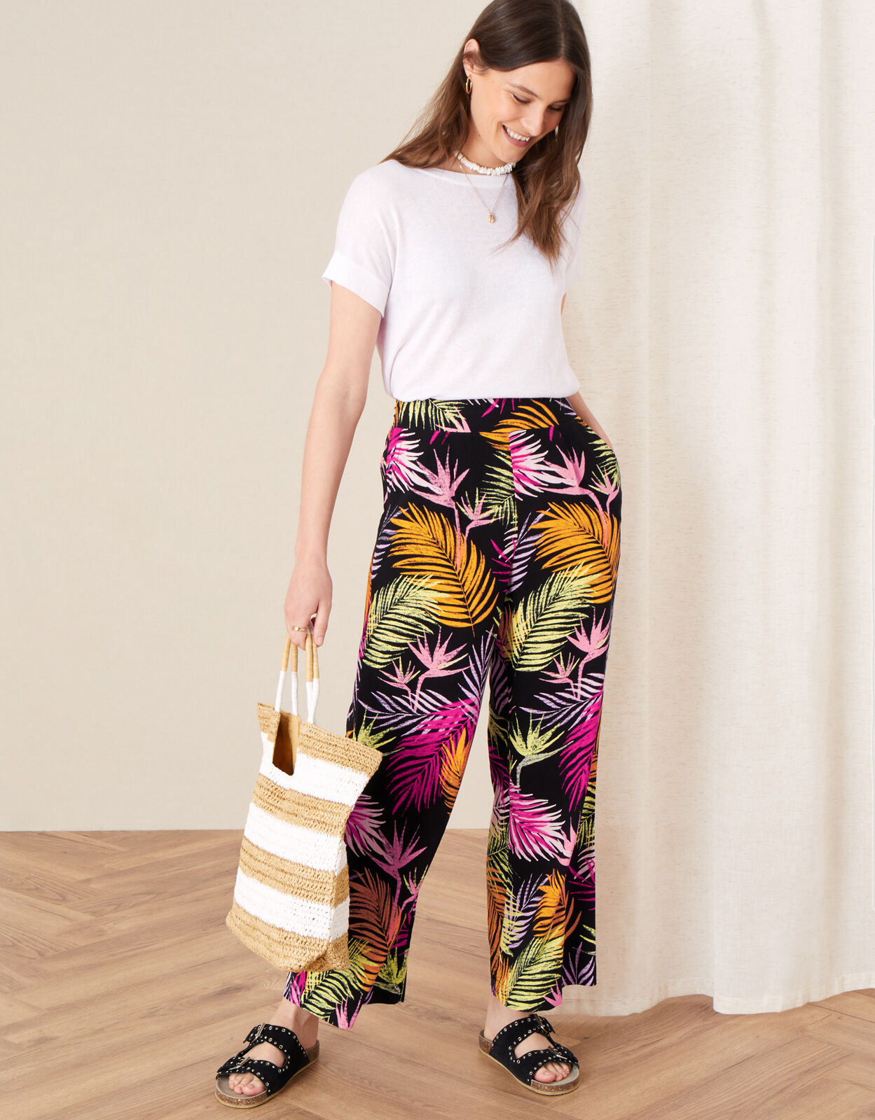 Palm print wide leg trousers top
