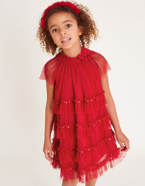 Sequin Bow Ruffle Trapeze Dress, Red (RED), large