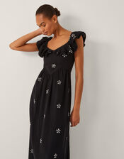 Daisy Frill Embroidered Midi Dress, Black (BLACK), large