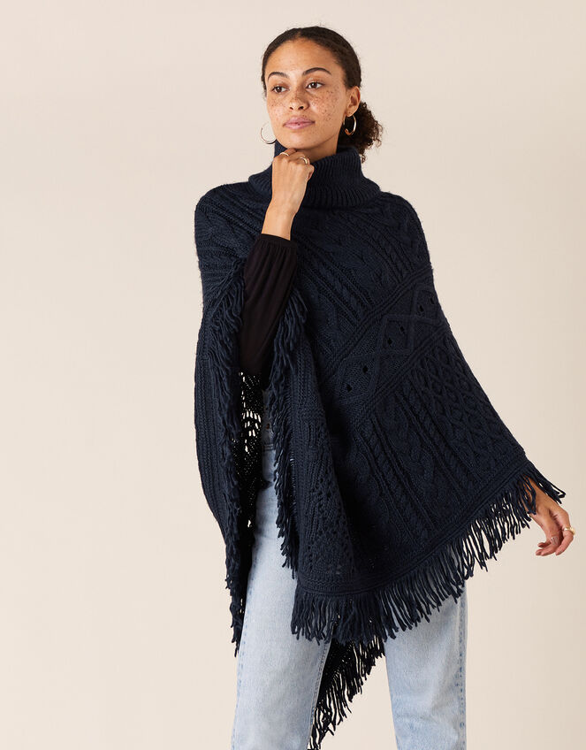 Fringe Trim Chunky Knit Poncho, , large