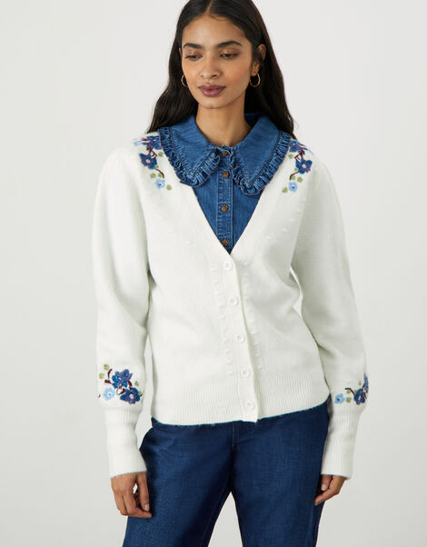 Short Button Through Embroidered Cardigan Ivory, Ivory (IVORY), large