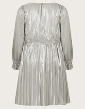 Long Sleeve Metallic Plisse Dress, Silver (SILVER), large